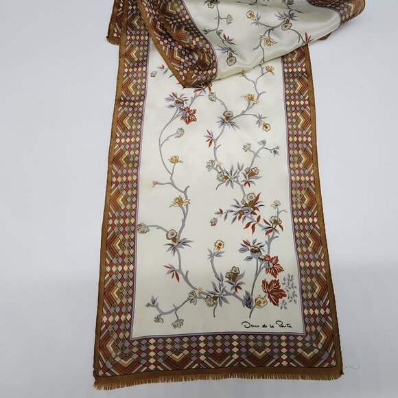 Oscar De La Renta Floral Silk Scarf With Geometric Border Design Multicolor Crea - Picture 2 of 9